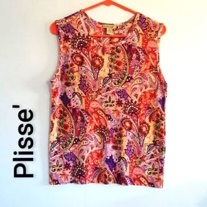 Plisse' colorful paisley and floral sleeveless crinkle top XL